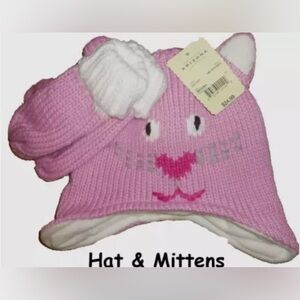 Cap Hat Beanie Mittens Pink Girls Cat Kitty Kitten 2 pc set Fleece Lined Ears